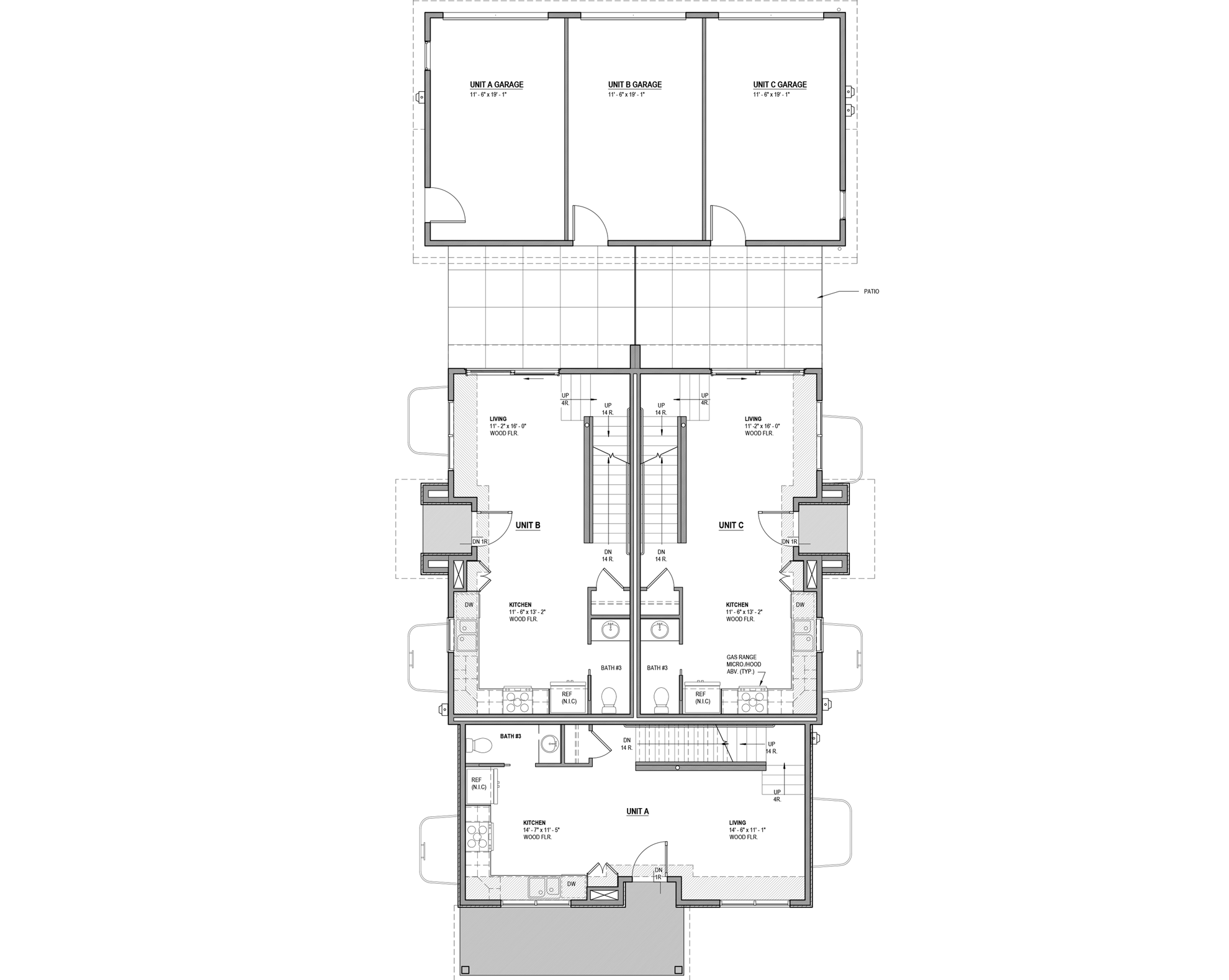 Triplex main floor with single-car garage floor plan